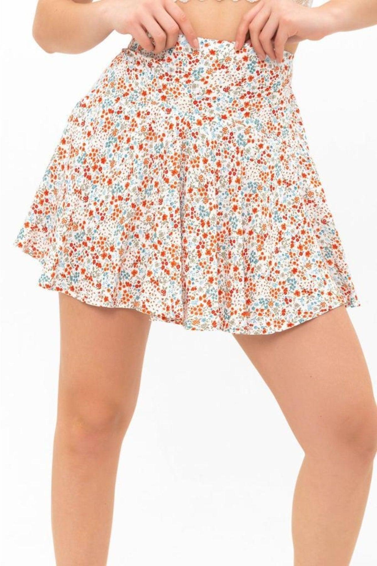 Summer Mini Short Shorts Skirt Soft Woven Viscose Printed High Waist, Elastic Back Waist - Swordslife