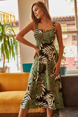 Women's Green Zippered Big Palm Pattern Dress ELB-19000615 - Swordslife