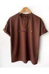 Men's Brown Chest Slim Striped Paris Printed Oversize Crew Neck T-Shirt