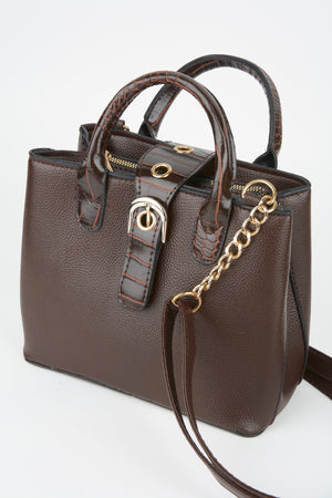 Damen-Hand- und Schultertasche mit 2 Fächern, Kroko-Griff und Druckknopfverschluss und Riemen in Bitterbraun