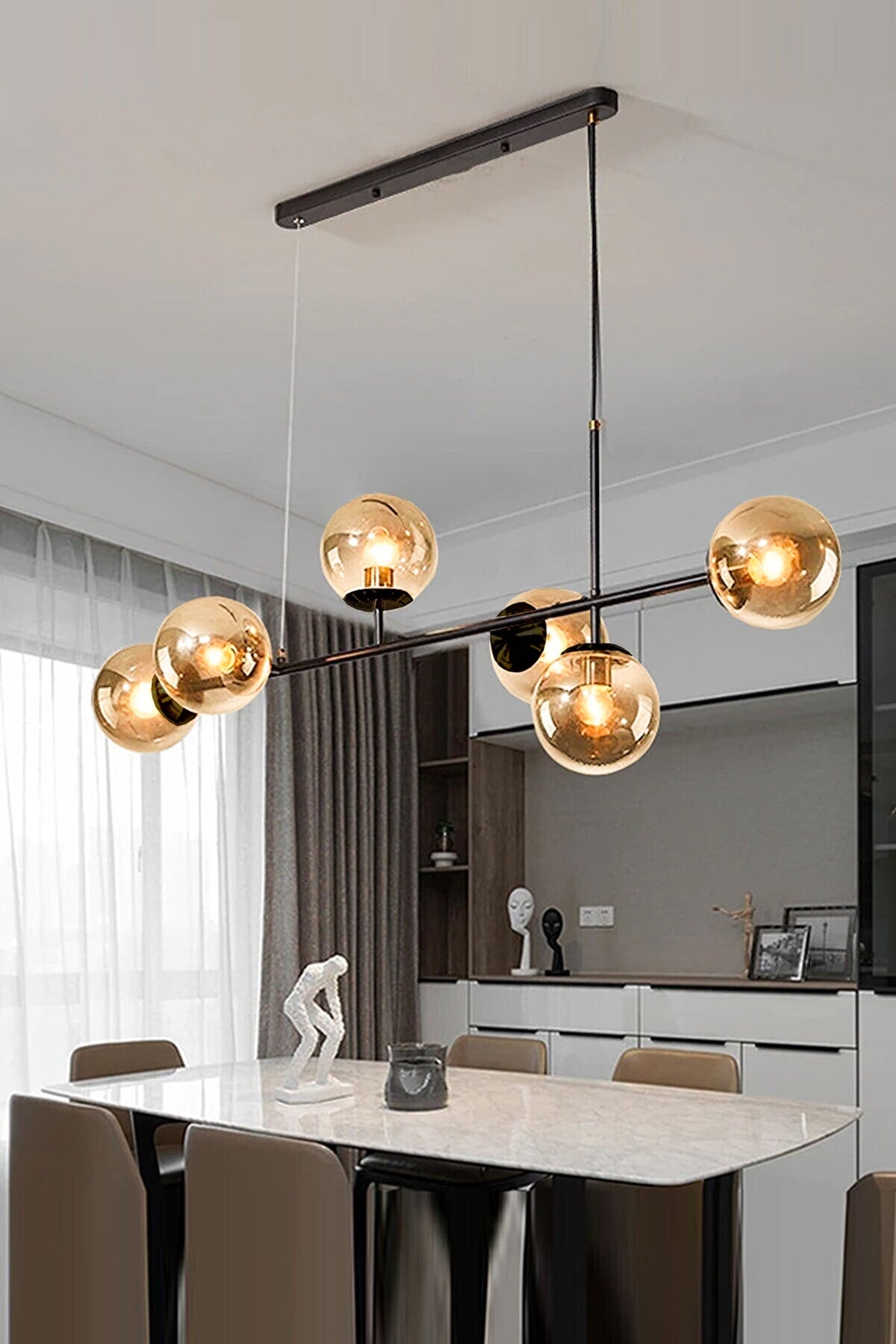 Simao Modern Design Black Color Honey Glass Living Room - Dining Table Top - Kitchen 6-Piece Chandelier