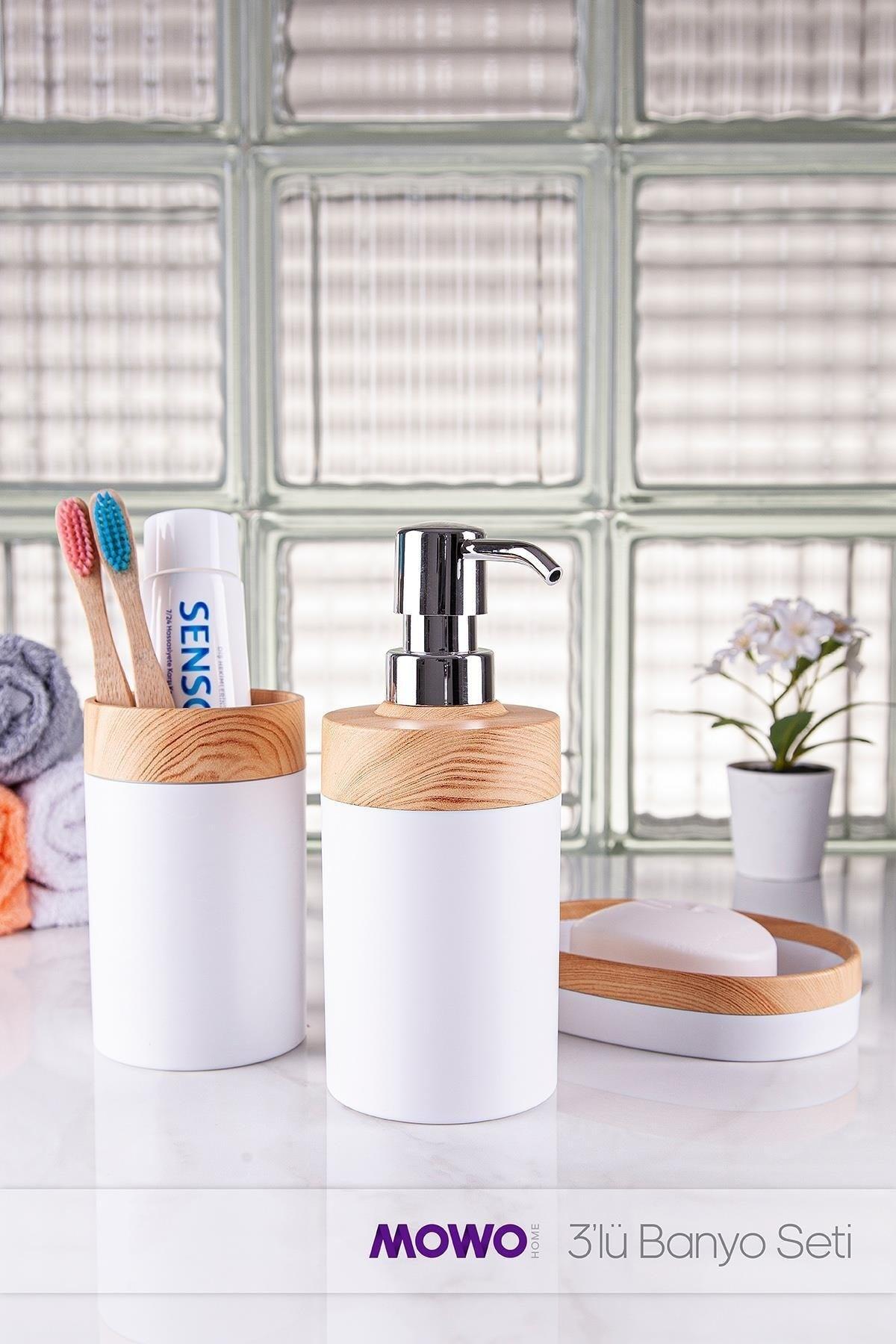 Lucia Wooden Patterned Bathroom Set of 3 White, (Liquid Soap Dispenser, Solid Soap Dispenser, Toothbrush Holder) - Swordslife