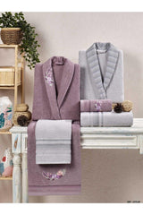 Crystal Soft Cotton Embroidered 6 Piece Family Bathrobe Set Grey-lilac - Swordslife