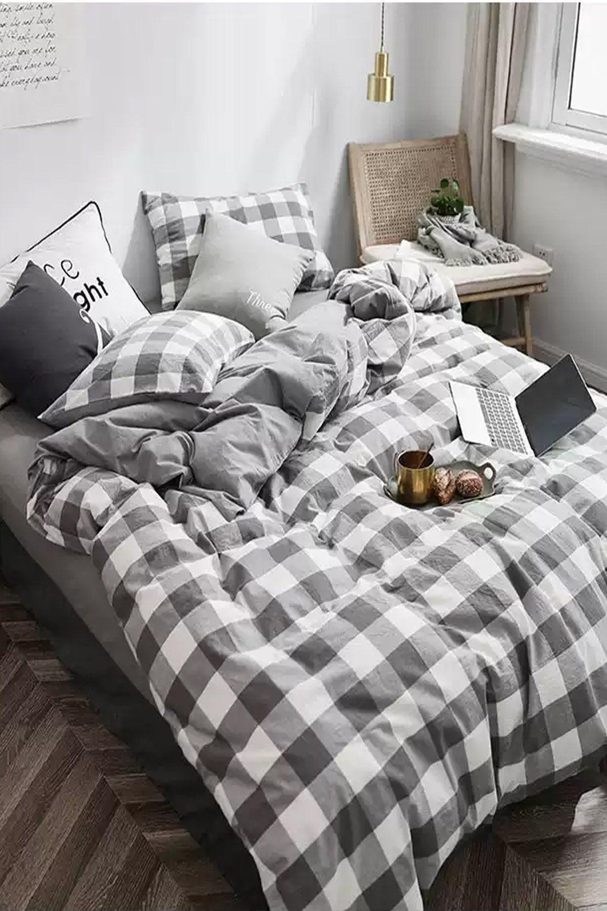 Elastic Bed Linen Duvet Cover Set Single Gingham Large Gray - Swordslife