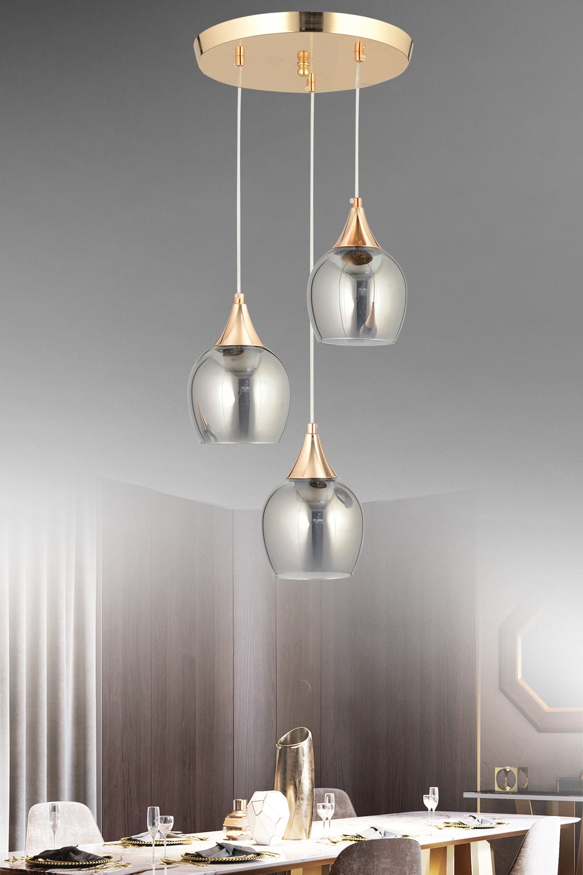 Sante 3-Piece Gold Smoked Glass Modern Pendant Lamp Chandelier Living Room Kitchen Room Hallway Chandelier