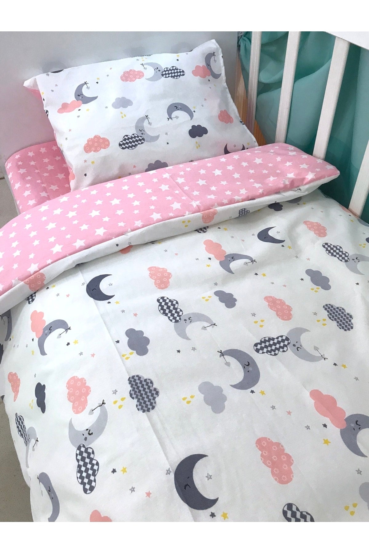 Kids Duvet Cover Set 90X190 For Bed Pink Gray Moon Cloud (Without Comforter)