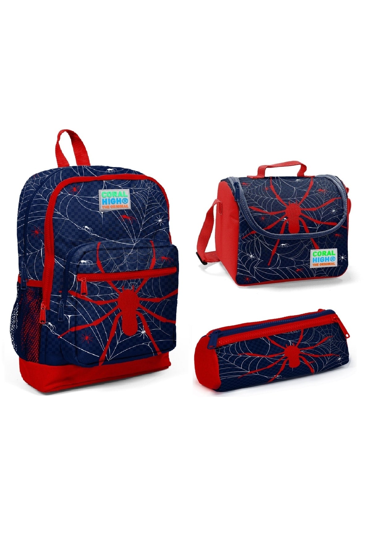 Kids Navy Blue Red Spider Patterned 3-Piece School Bag Set 23720