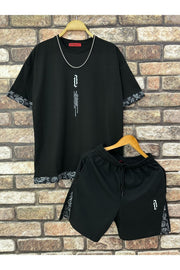 Schwarze Oversize-T-Shirt-Shorts mit vertikalem Aufdruck für Herren