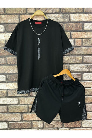 Men'S Black Vertical Printed Oversize T-Shirt Shorts