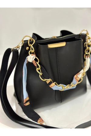 Women'S Scarf Chain Accessory Soft Leather Bag Black.