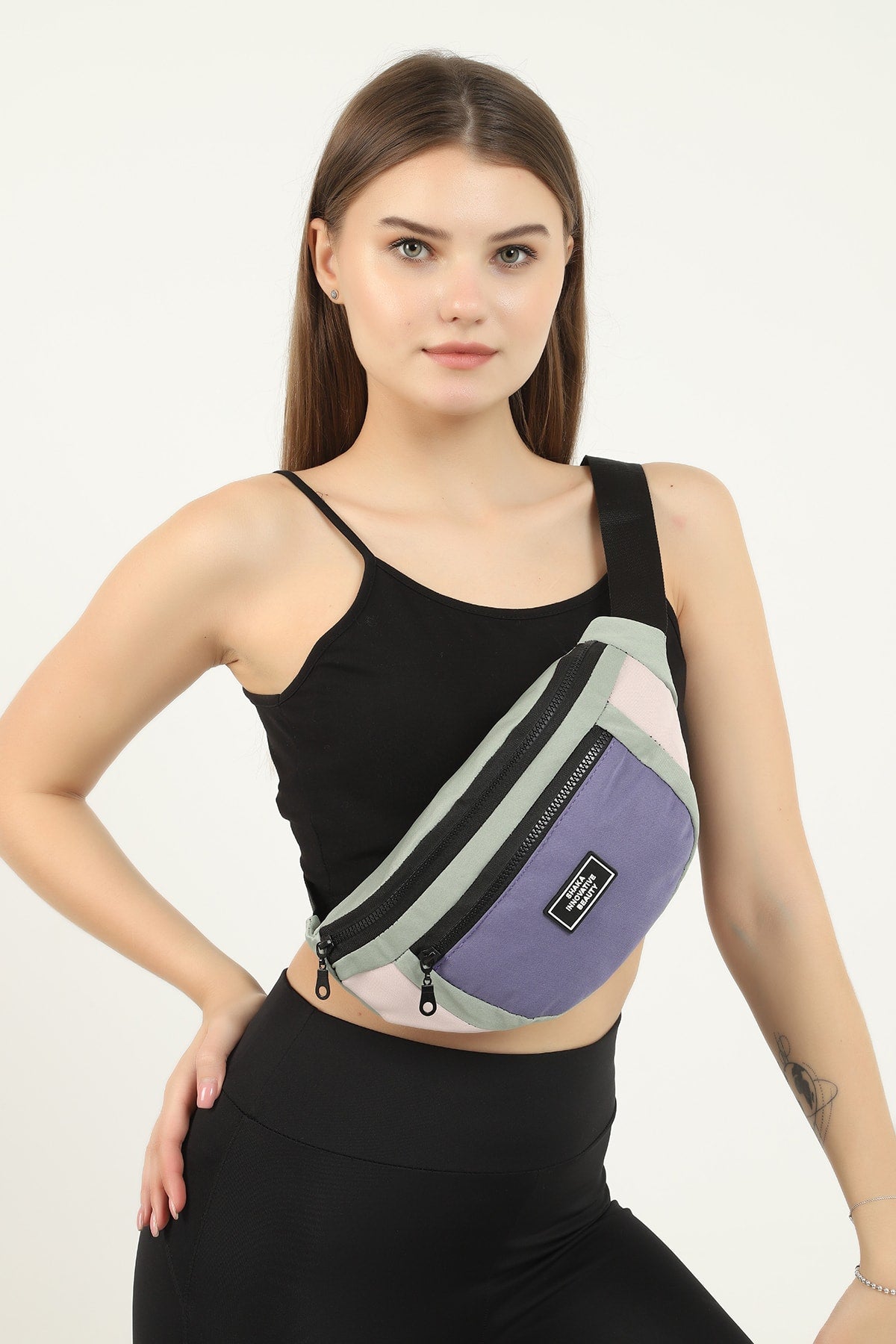 Green/Powder/Lilac U8 2-Compartment Adjustable Cross Strap Canvas Unisex Waist And Shoulder Bag E:38 B:1