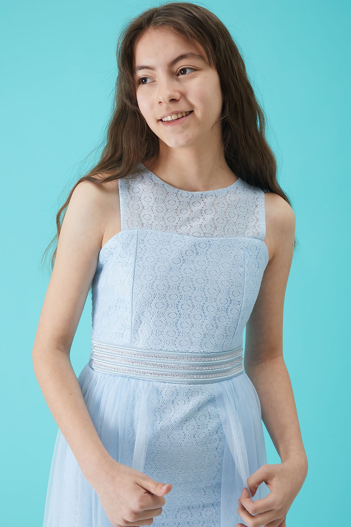 Girl'S Blue Stone Detailed Tulle Evening Dress 15156