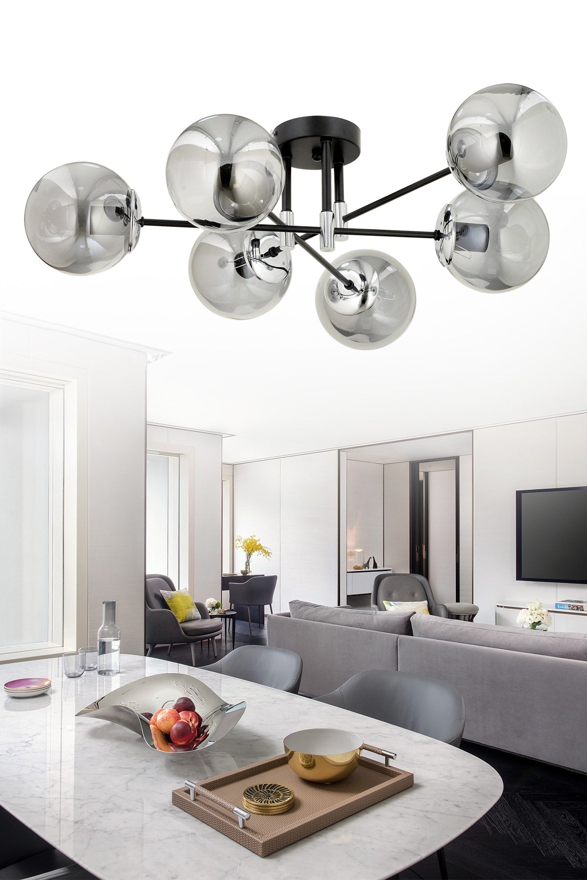 Asya 6-Piece Modern Smoked Globe Glass Plafonier Chandelier