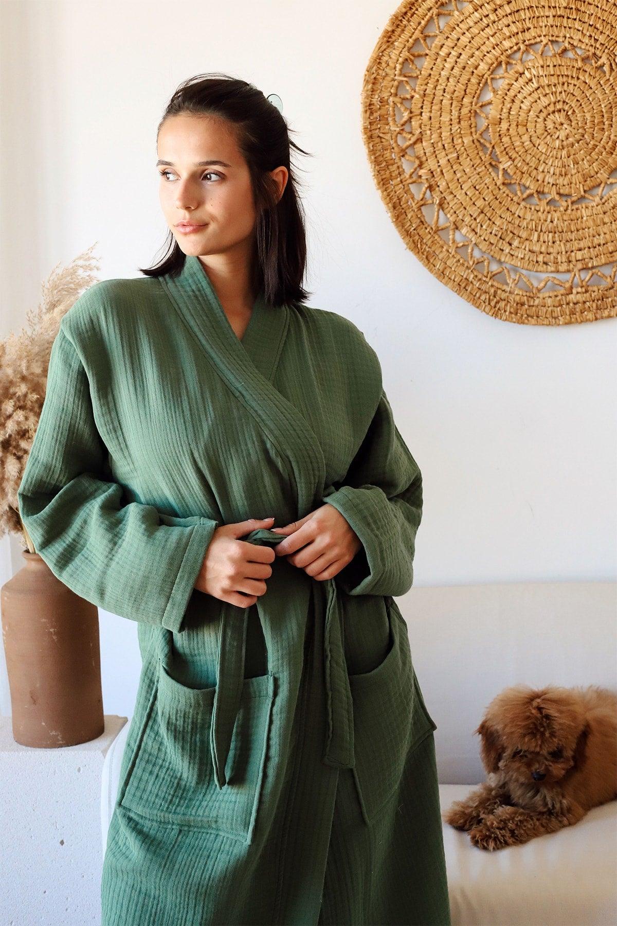 Adult Kimono Bathrobe, 100% Cotton 4 Ply Multi Muslin Dark Green - Swordslife