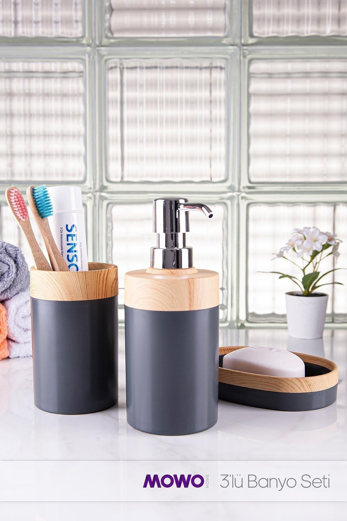 Lucia Wooden Patterned 3 Pcs Bathroom Set Grey, (Liquid Soap Dispenser, Solid Soap Dispenser, Toothbrush Holder) - Swordslife