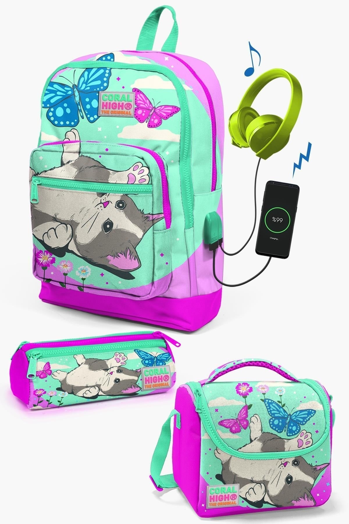 Kids Water Green Pink Cat Patterned Usb 3 Pcs School Bag Set Set0123807