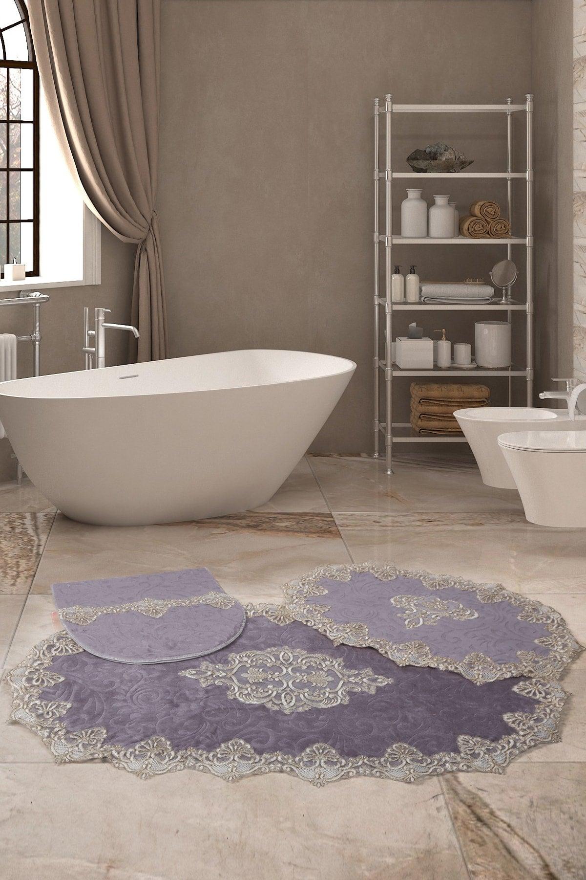 Aplique Lux Gray 3-Piece French Lace Bathroom Carpet Dowry Closet Set Doormat Set - Swordslife