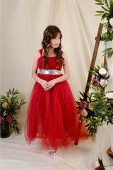 Girl's Satin Evening Dress with Back Gipe and Tulle Claret Red