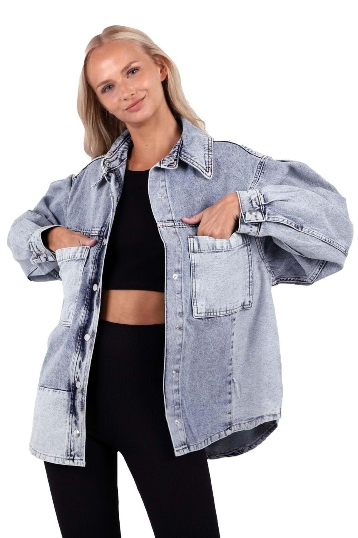 Multicolored Pocket And Long Sleeve Classic Collar Oversize Jeans Women's Jacket Cotton - Swordslife
