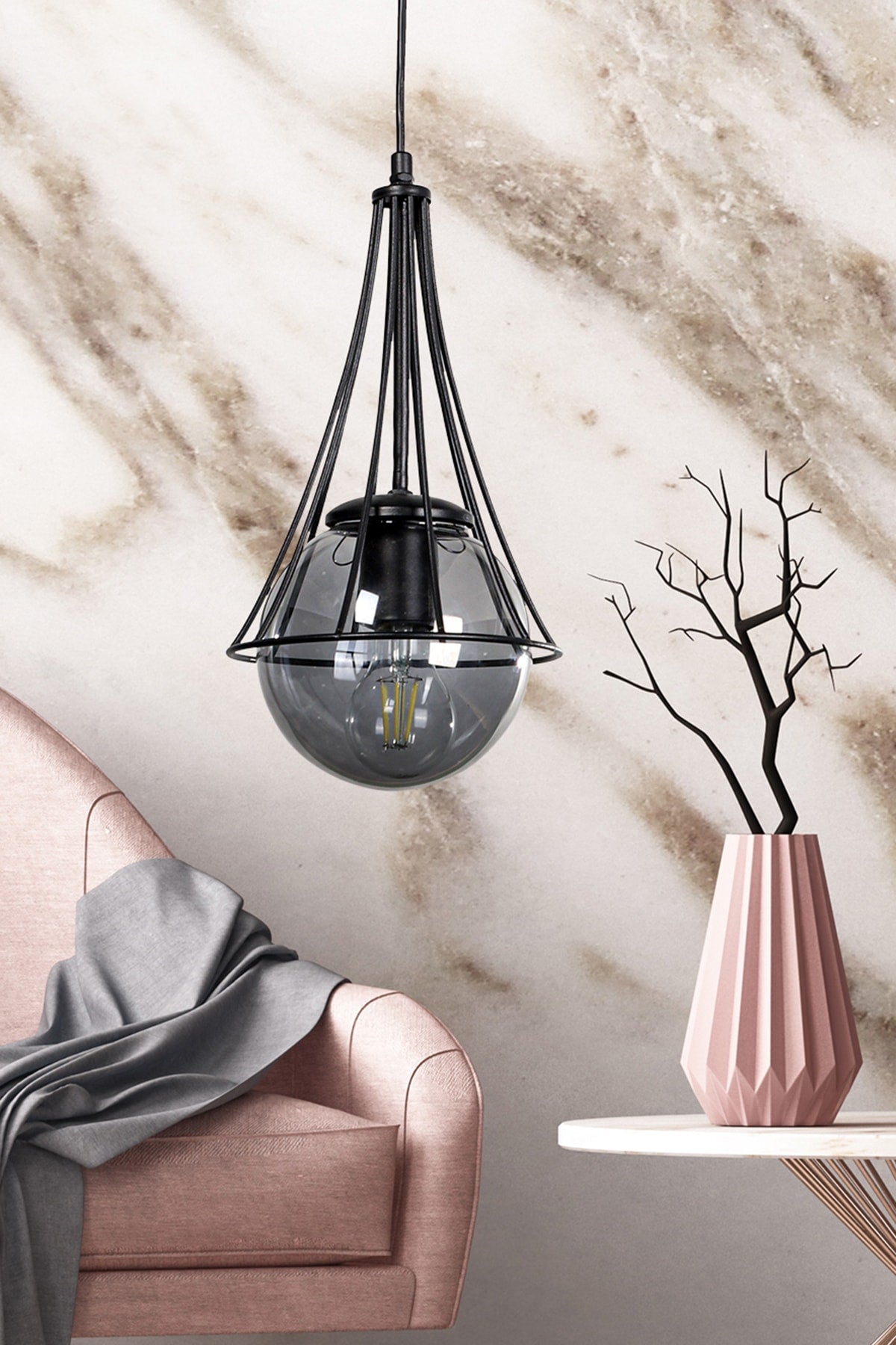 Lapis Single Black-Smoked Glop Glass Chandelier