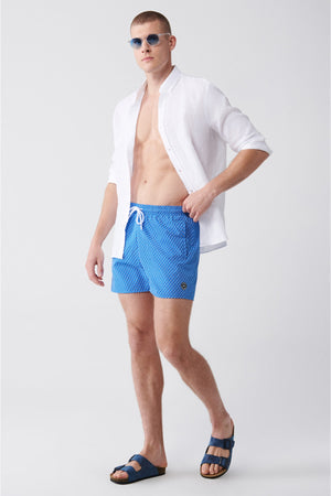 Men'S White-Blue Quick Dry Printed Standard Size Swimwear Marine Shorts E003802