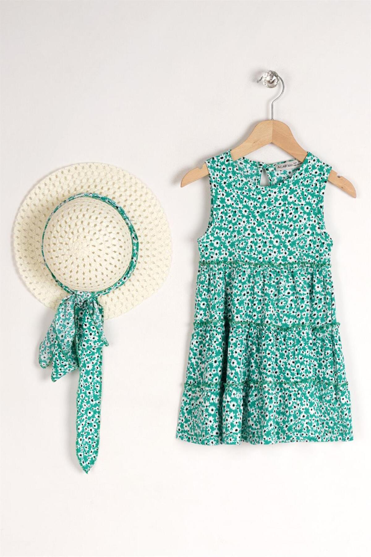 Girl Benetton Colorful Floral Patterned Dress With Hat Accessory