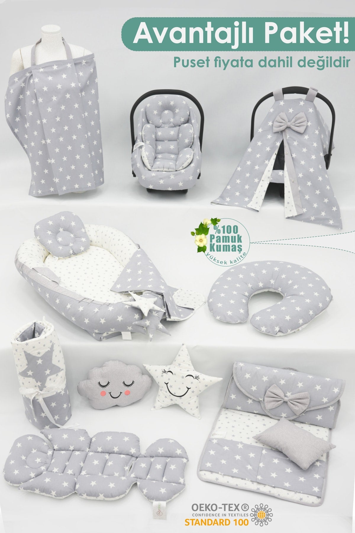 Babynest Mattress, Pillow, Pique, Orthopedic Car Cushion, Breastfeeding And Stroller Accessories Complete Set