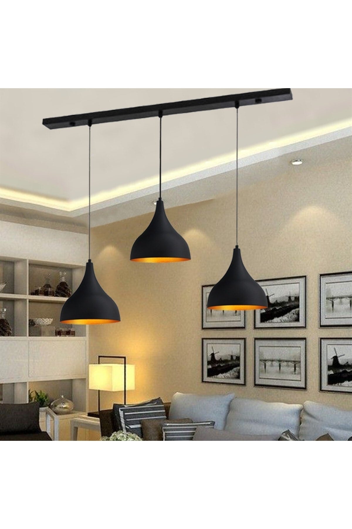 Triple Long Black Chandelier Pendant Lamp Living Room Desktop Kitchen Living Room Hotel Chandelier Models