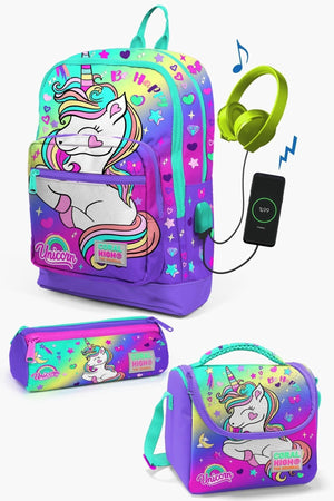 Kids Lavender Water Green Unicorn Patterned Usb 3 Pcs School Bag Set