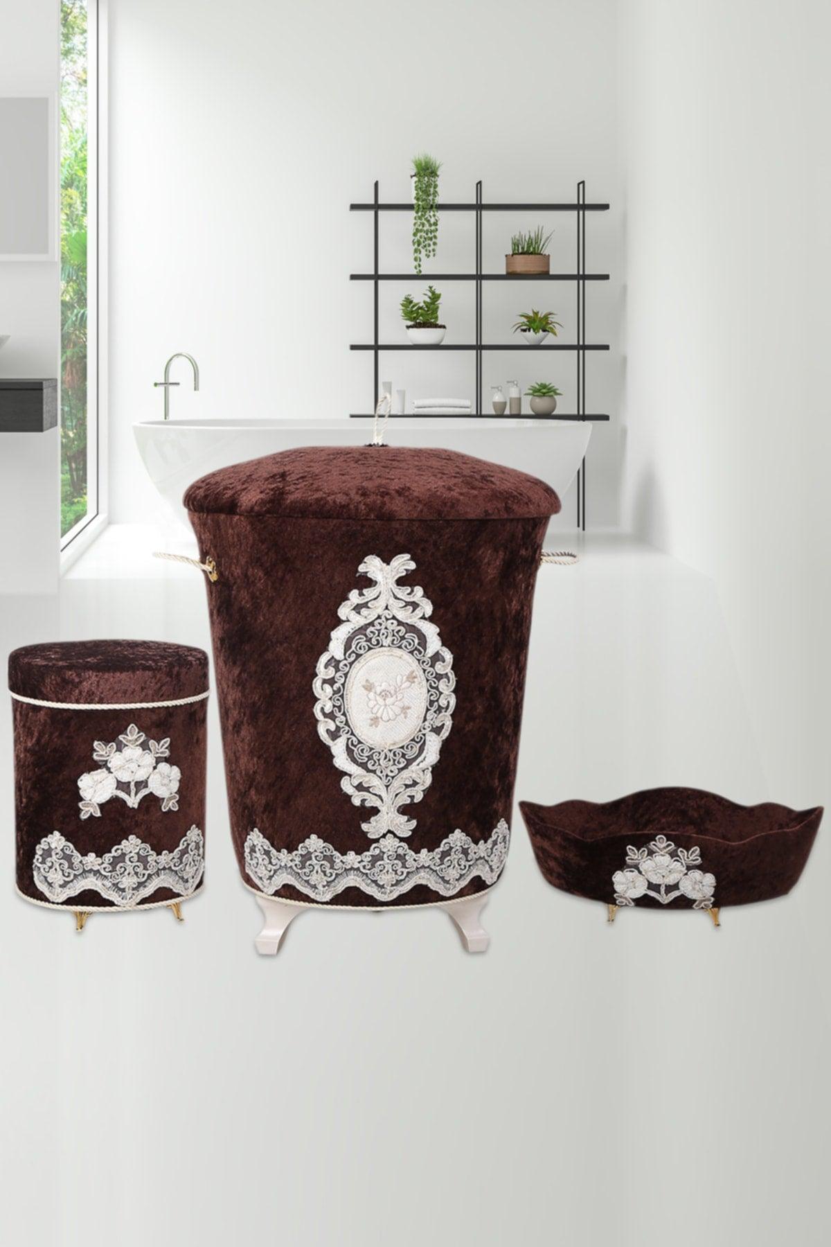 Lisa Coffee 3-Piece Velvet Dowry Lacy Bathroom Dirty Laundry Basket Set | Bathroom Set - Swordslife