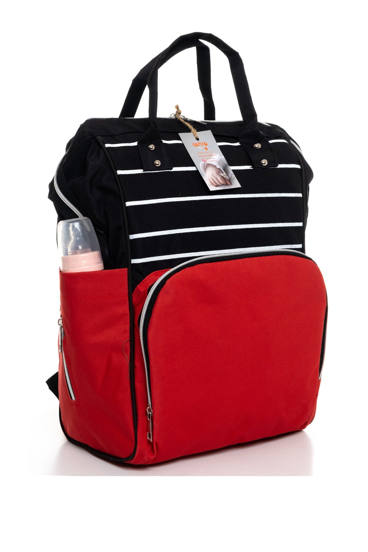 Stain Resistant Waterproof Thermal Compartment Striped Mother Baby Care Backpack Black-red