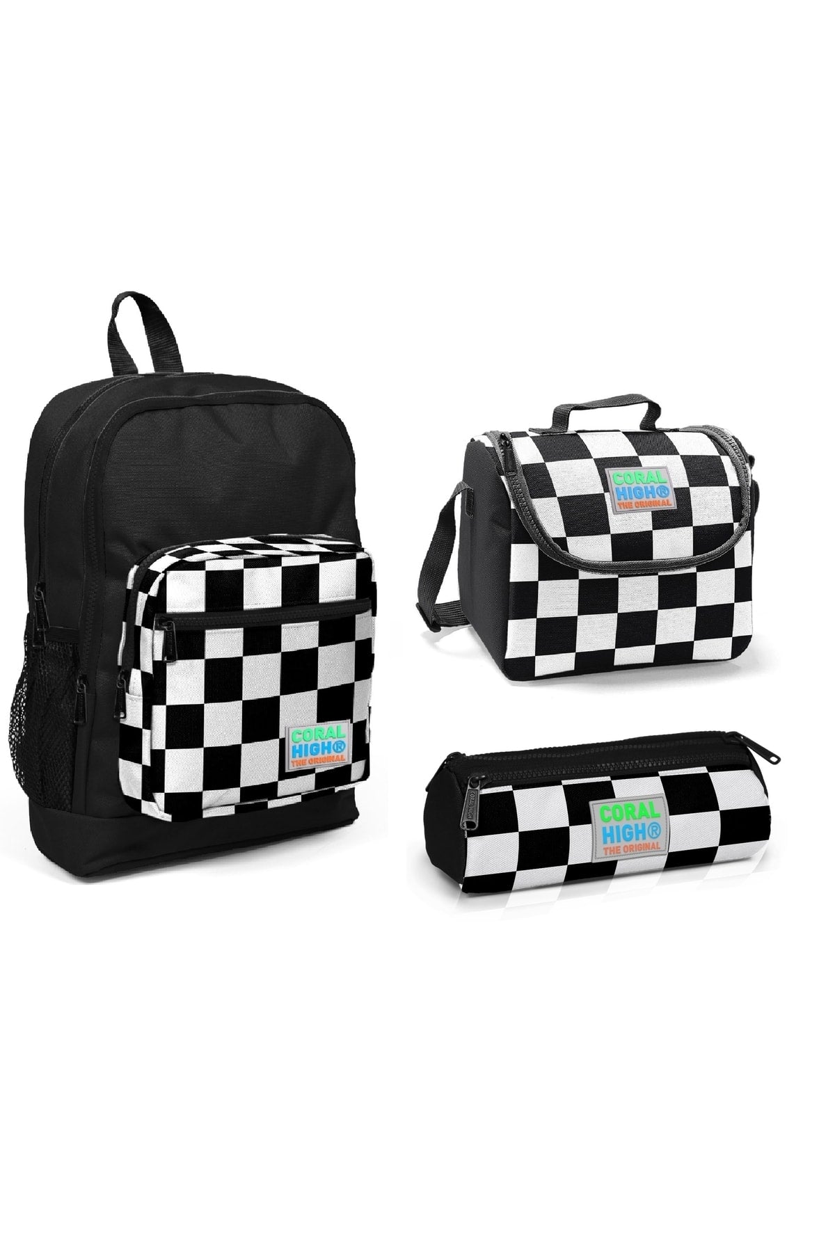 Kids Four Compartment Black Checkered 3-Pack School Bag Set