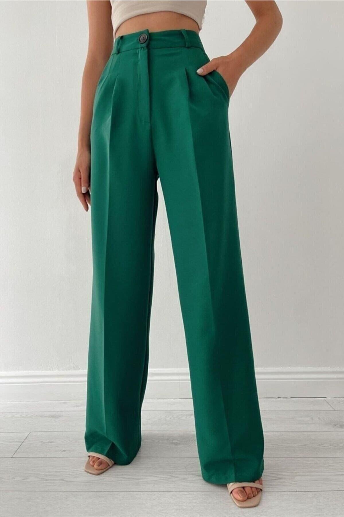 Women's Dark Green High Waist Palazzo Pants - Swordslife