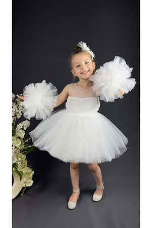 Chiffon Robe Pompom Ärmel Pailletten Mädchen Flauschigen Rock Tüll Abendkleid Weiß