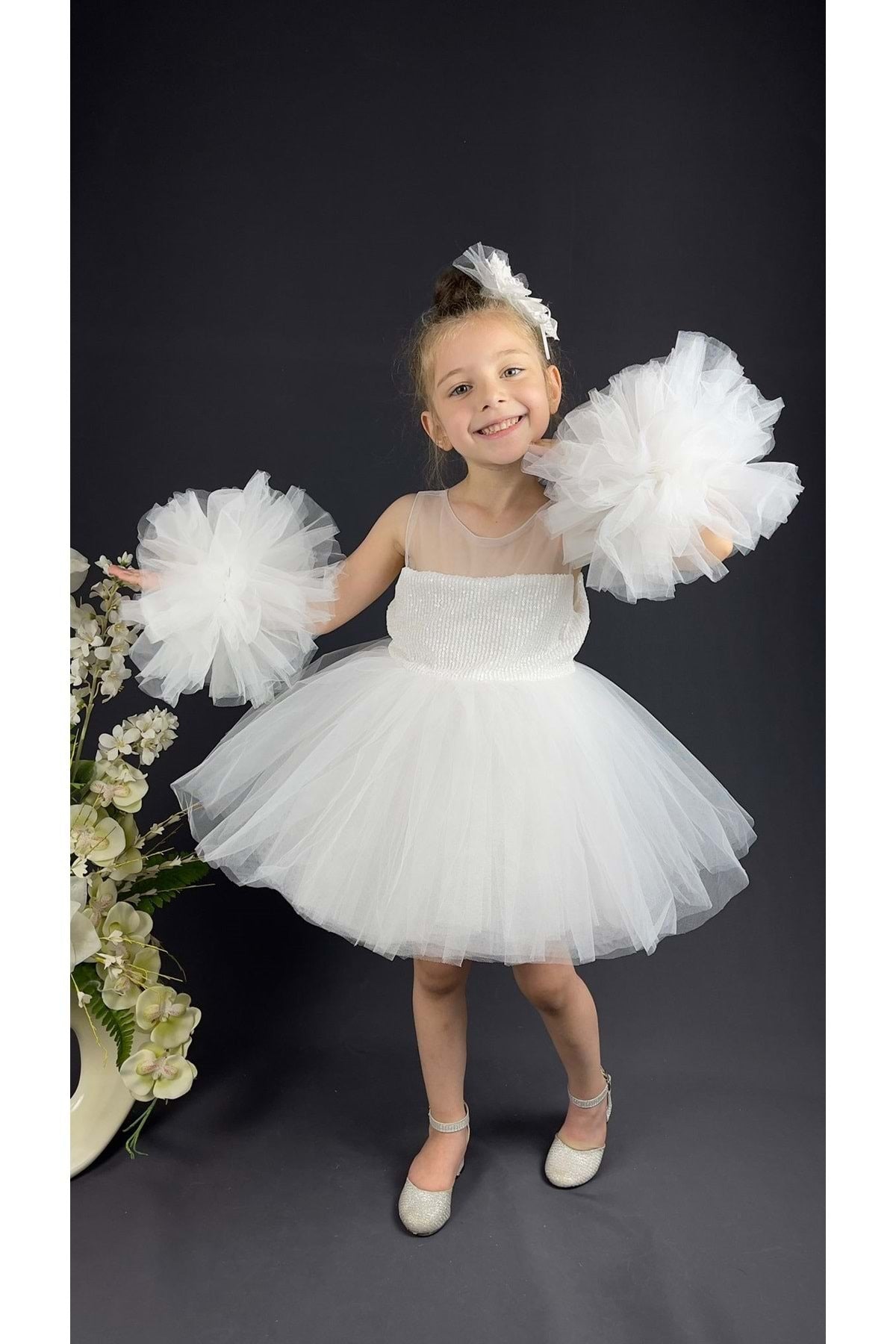 Chiffon Robe Pompom Sleeve Sequined Girls Fluffy Skirt Tulle Evening Dress White