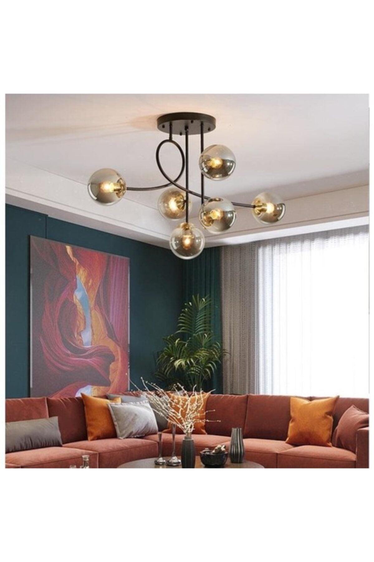 Pare Model Modern Sports Black 6-Globe Smoked Glass Chandelier