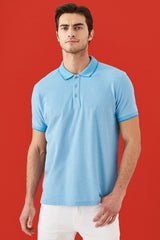 Men's Non-Shrink Cotton Fabric Slim Fit Slim Fit Blue Roll-Up Polo Neck T-Shirt