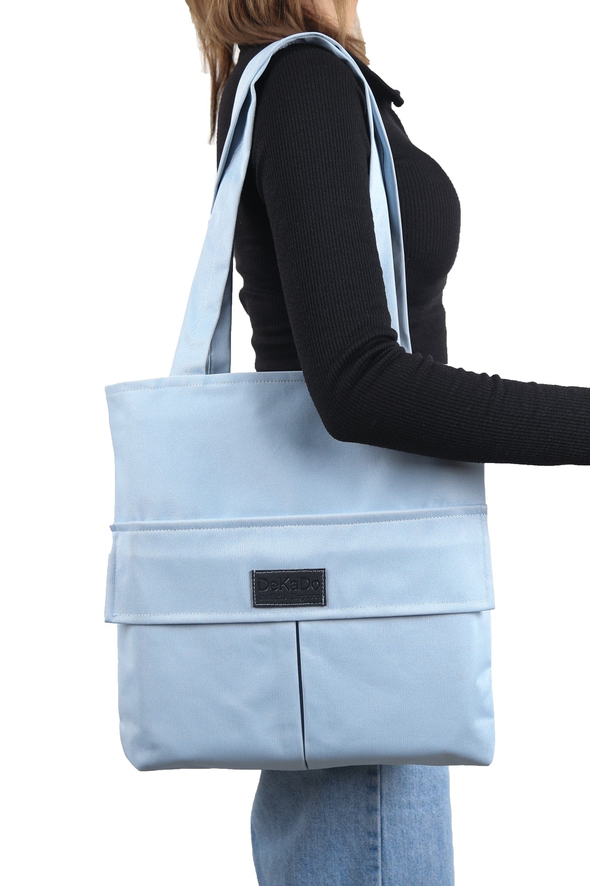 Women'S Light Blue Bag Zipper Hand And Shoulder Bag Canvas Fabric Tote Bag