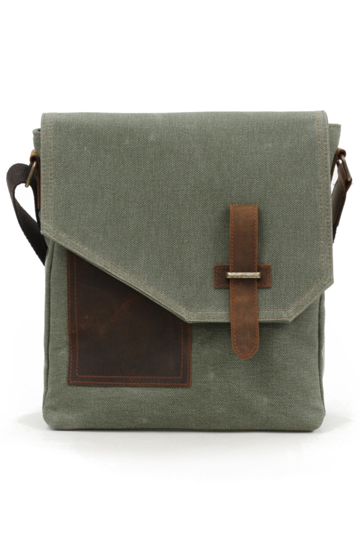 Cappadocia Genuine Leather 4035 Teos Waterproof Khaki Green Postman Shoulder Waxed Canvas Laptop Bag