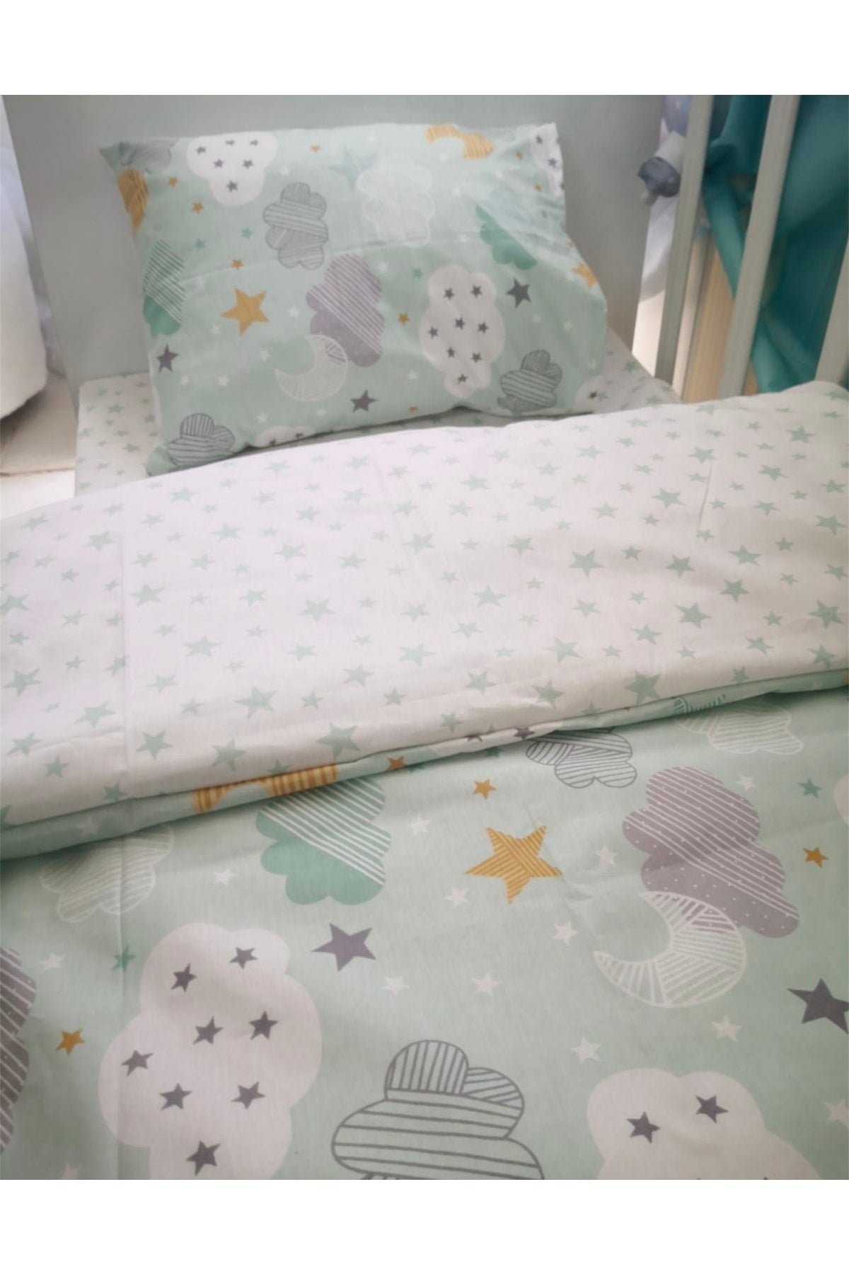 Kids Duvet Cover Set 90X190 For Bed Green Moon Cloudy (Without Comforter)