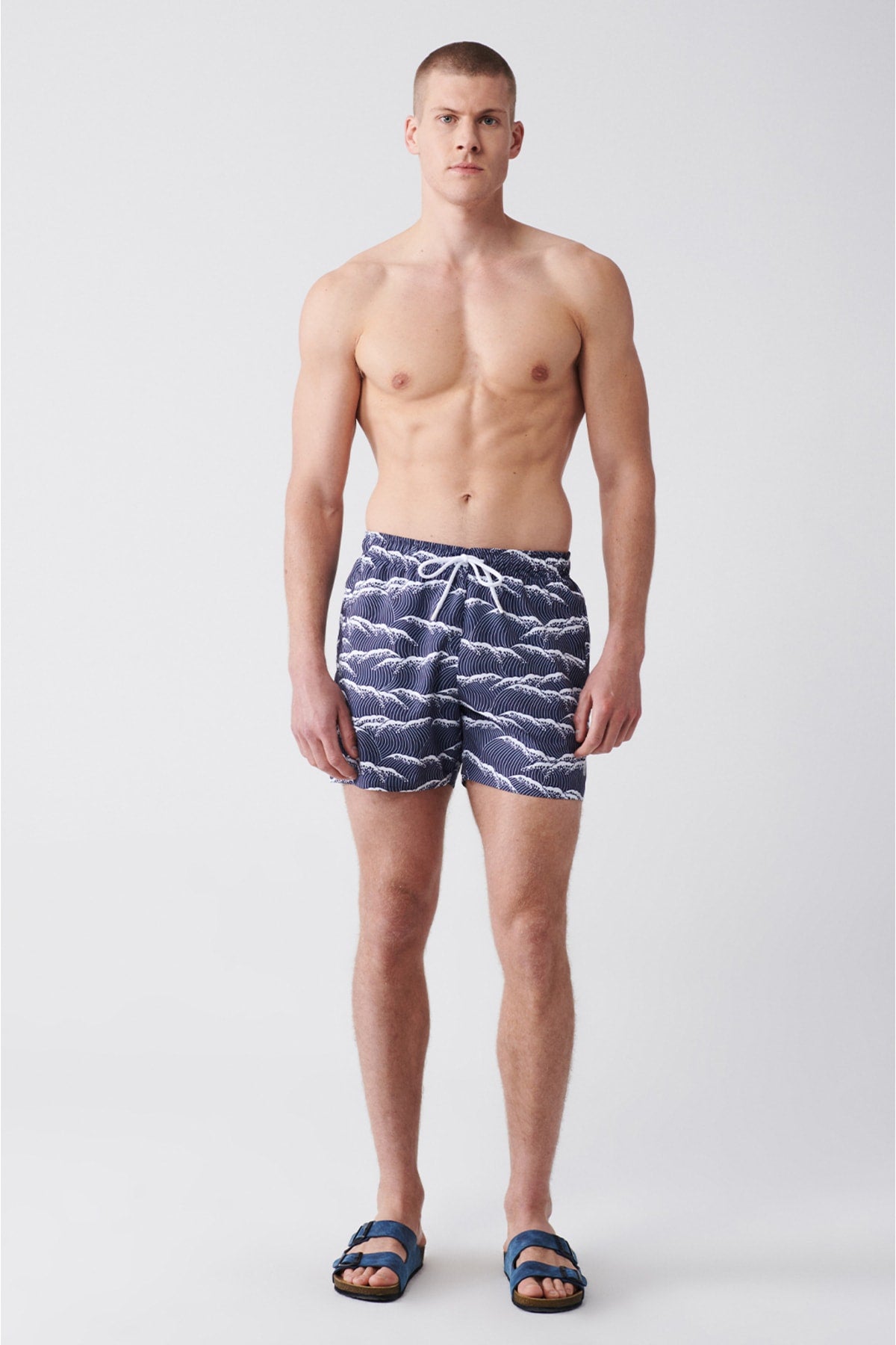 Men'S Navy Blue Quick Dry Printed Standard Size Swimwear Marine Shorts E003802