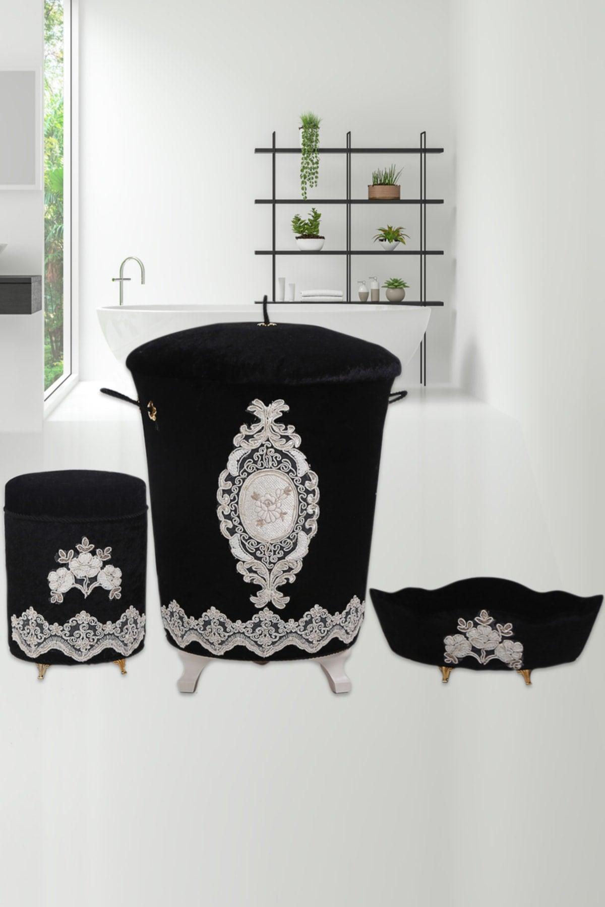 Lisa Black 3-Piece Velvet Dowry Lacy Bathroom Dirty Laundry Basket Set | Bathroom Set - Swordslife