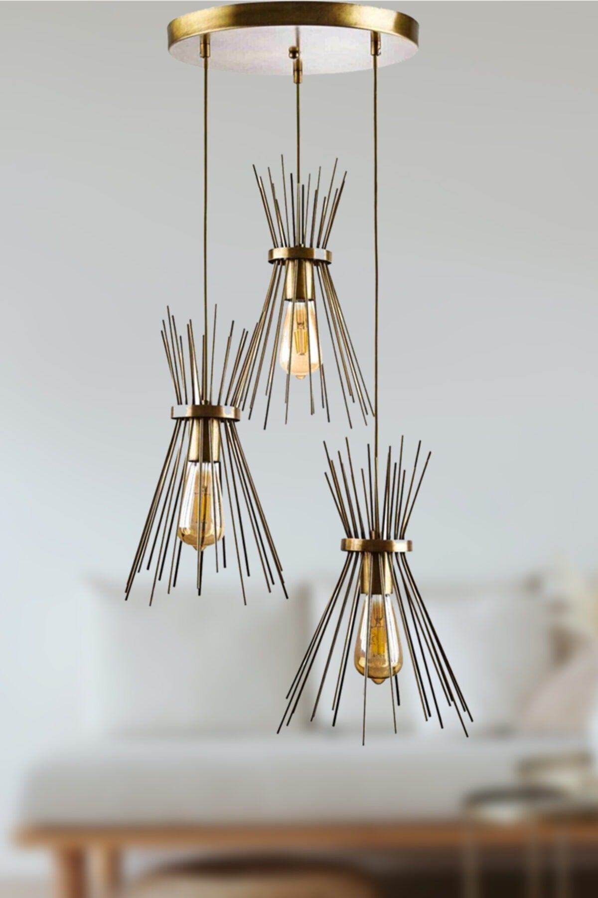 Hedgehog Antique Colored Pendant Lamp Living Room - Kitchen 3-Piece Chandelier