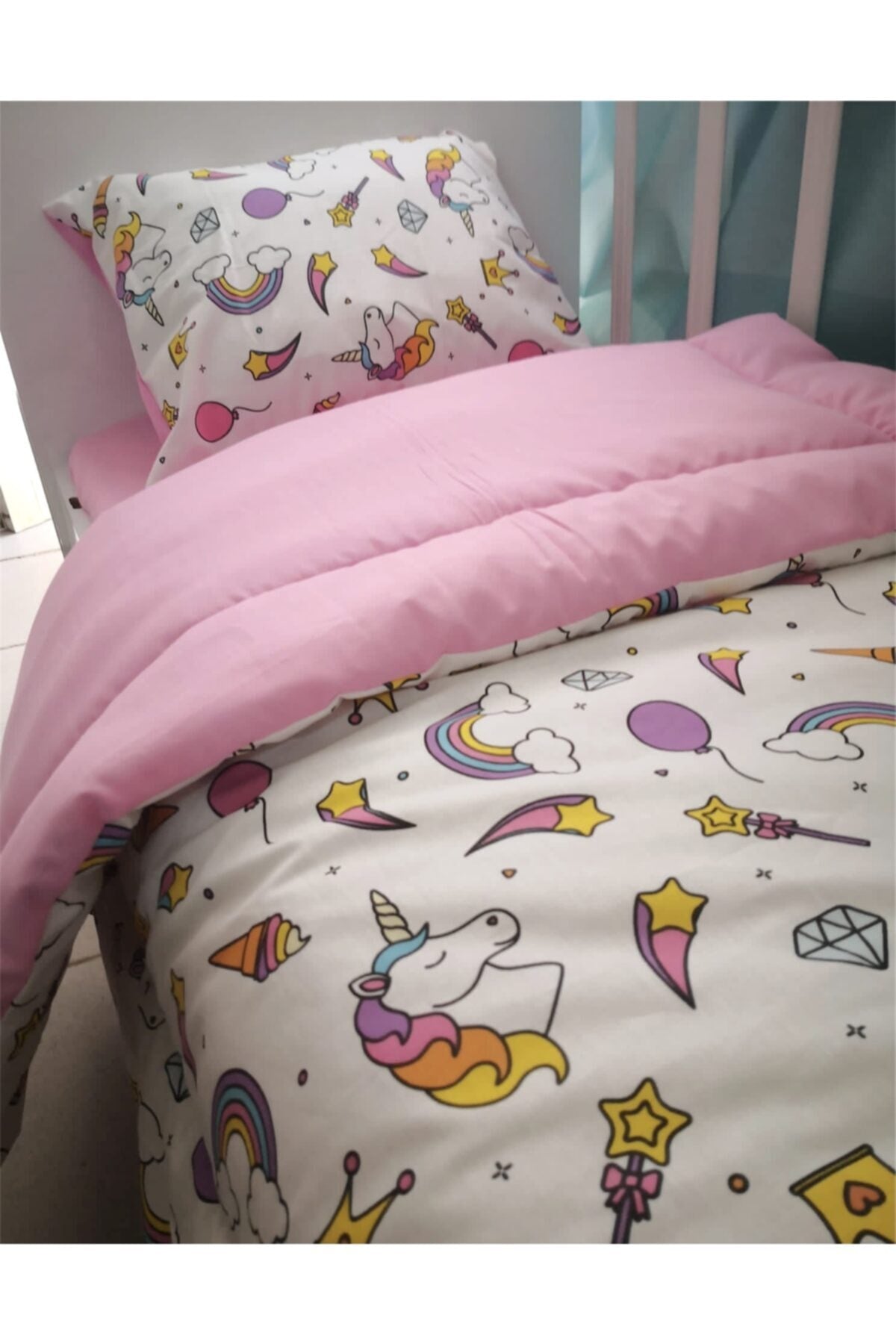 100% Cotton Baby Girl Duvet Cover Set 100X150 Unicorn Patterned