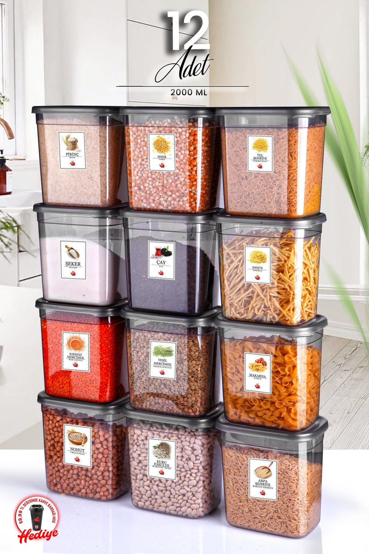 12-Piece Labeled Moly Rectangular Food Storage Container Set 2000ml - 2 Liter with Lid that can be made into multiple sets