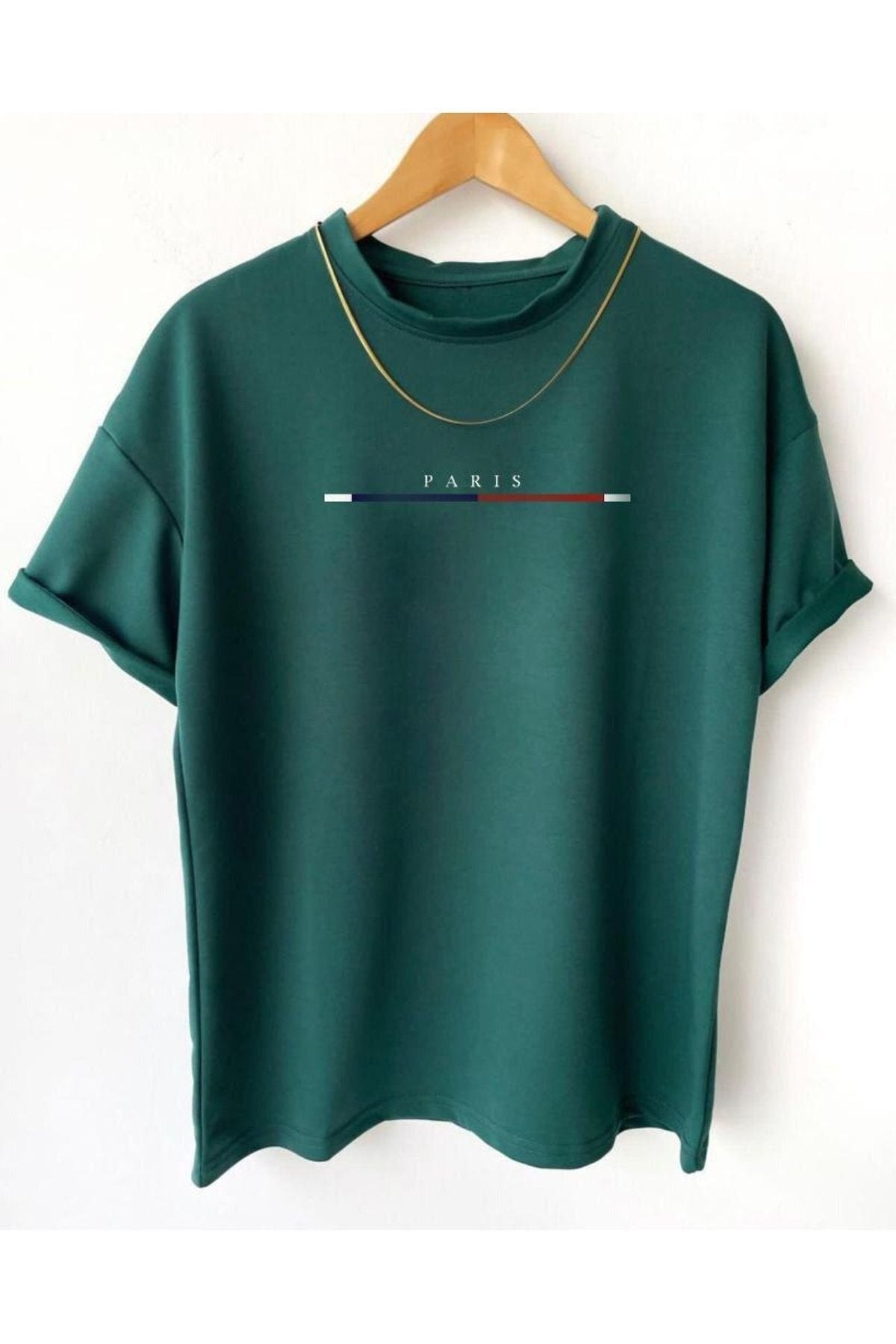 Men's Dark Green Chest Pinstripe Paris Printed Oversize Crew Neck T-Shirt
