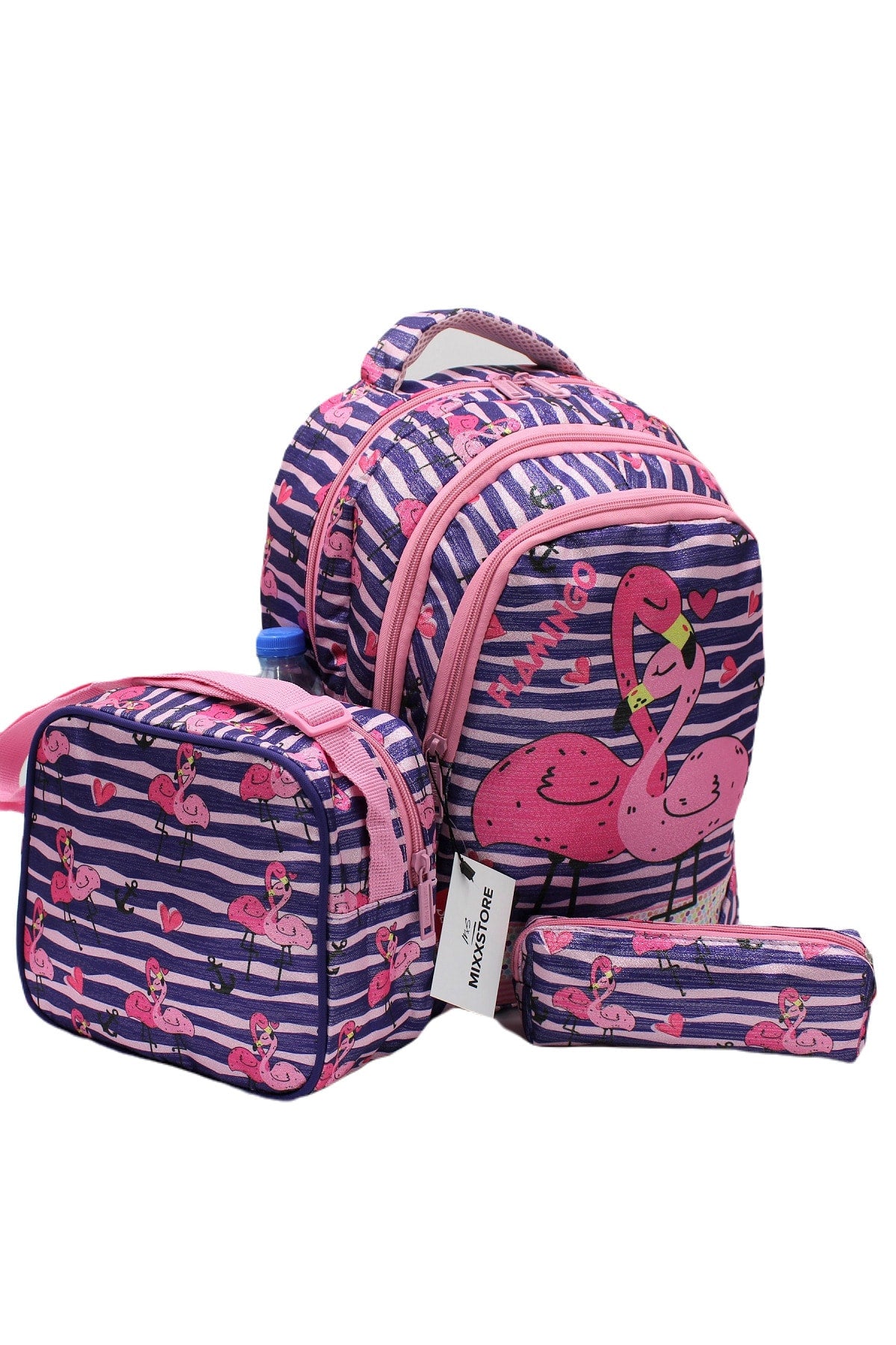 Sim Flamingo gemusterter dunkelvioletter Rucksack für Mädchen, Grundschultasche, Set mit Lunchbox und Stifthalter
