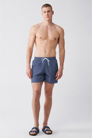 Men'S Navy - Blue Quick Dry Printed Standard Size Swimwear Marine Shorts E003802