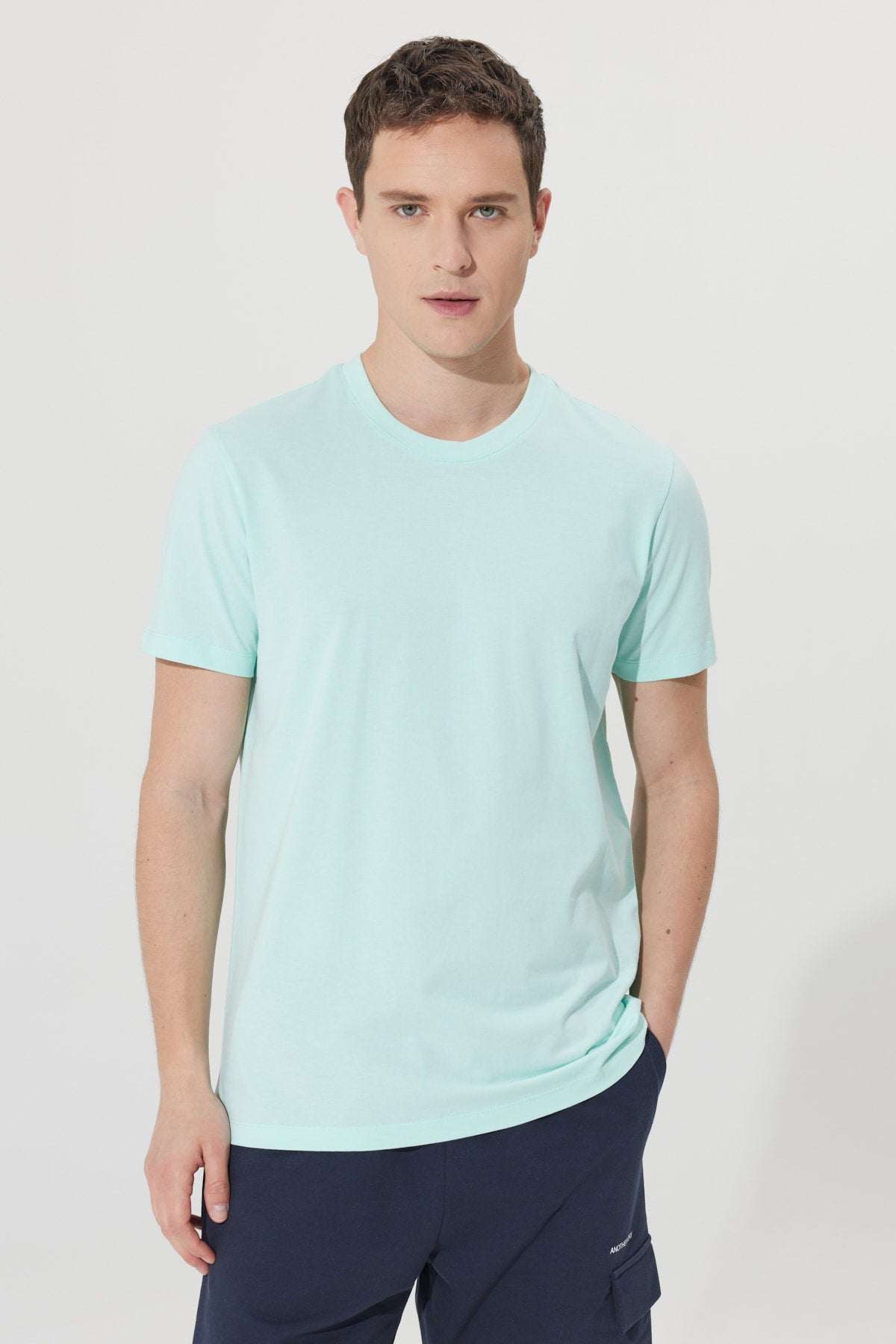 Men'S Mint 100% Cotton Slim Fit Slim Fit Crew Neck Short Sleeved T-Shirt
