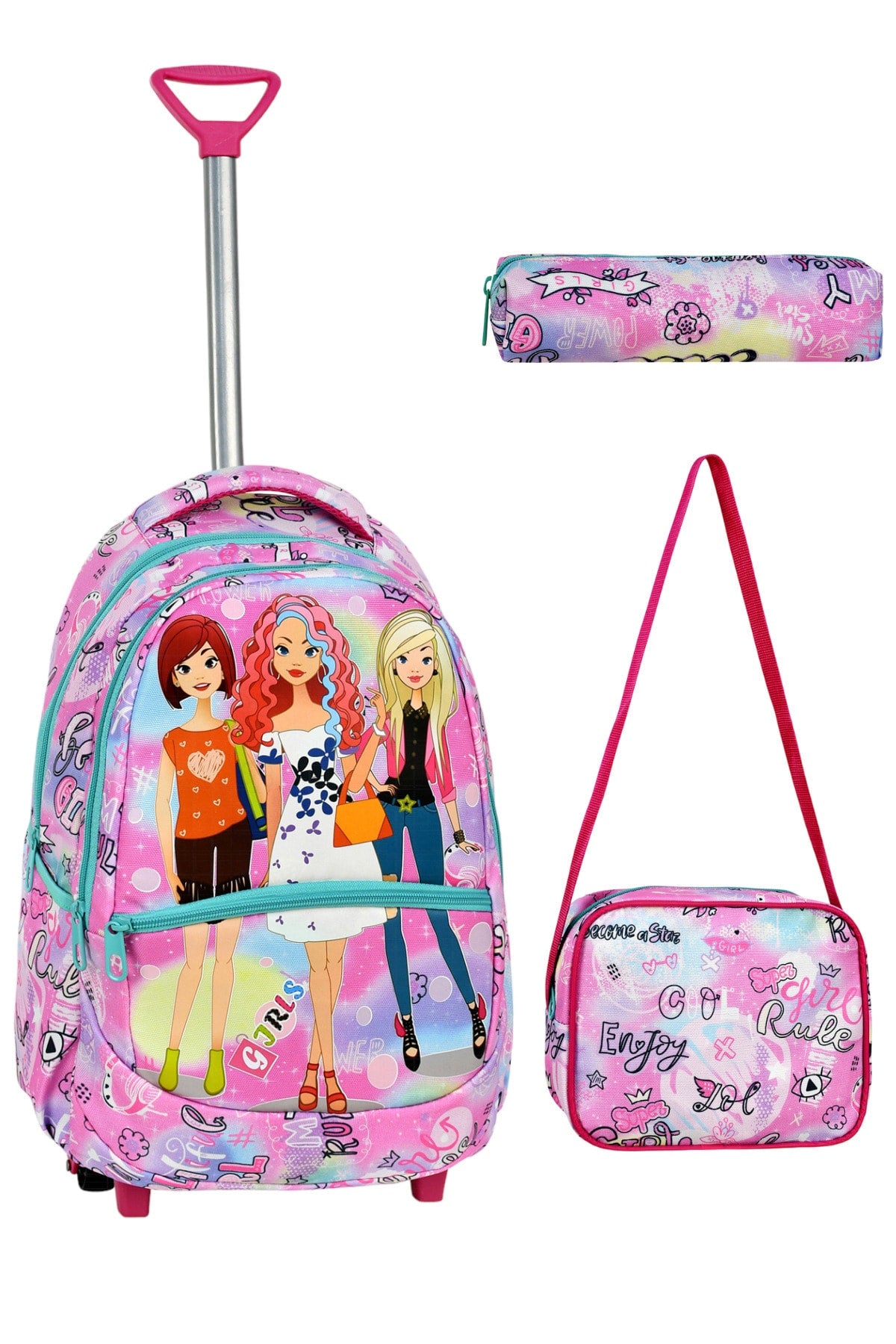 3-pack School Set with Squeegee, Girl Patterned Primary School Bag + Lunch Box + Pencil Holder